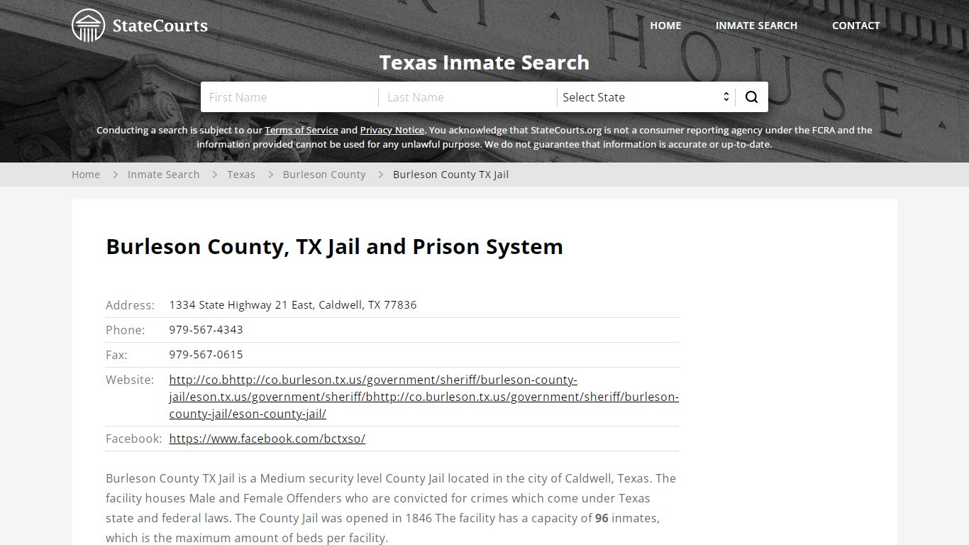 Burleson County TX Jail Inmate Records Search, Texas - StateCourts